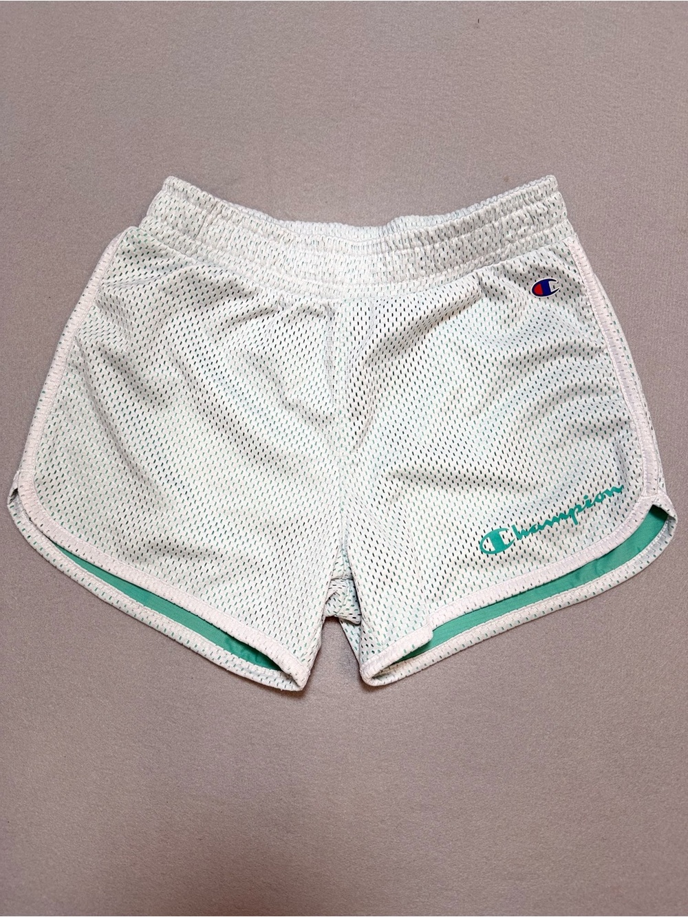 Champion White Mesh Athletic Shorts with Mint Accent